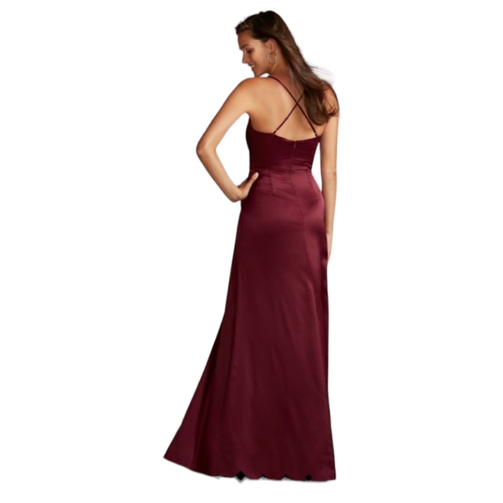 David’s Bridal Satin Charmeuse Cowl Neck Cross Back Slip Dress with Slit - Picture 2 of 9